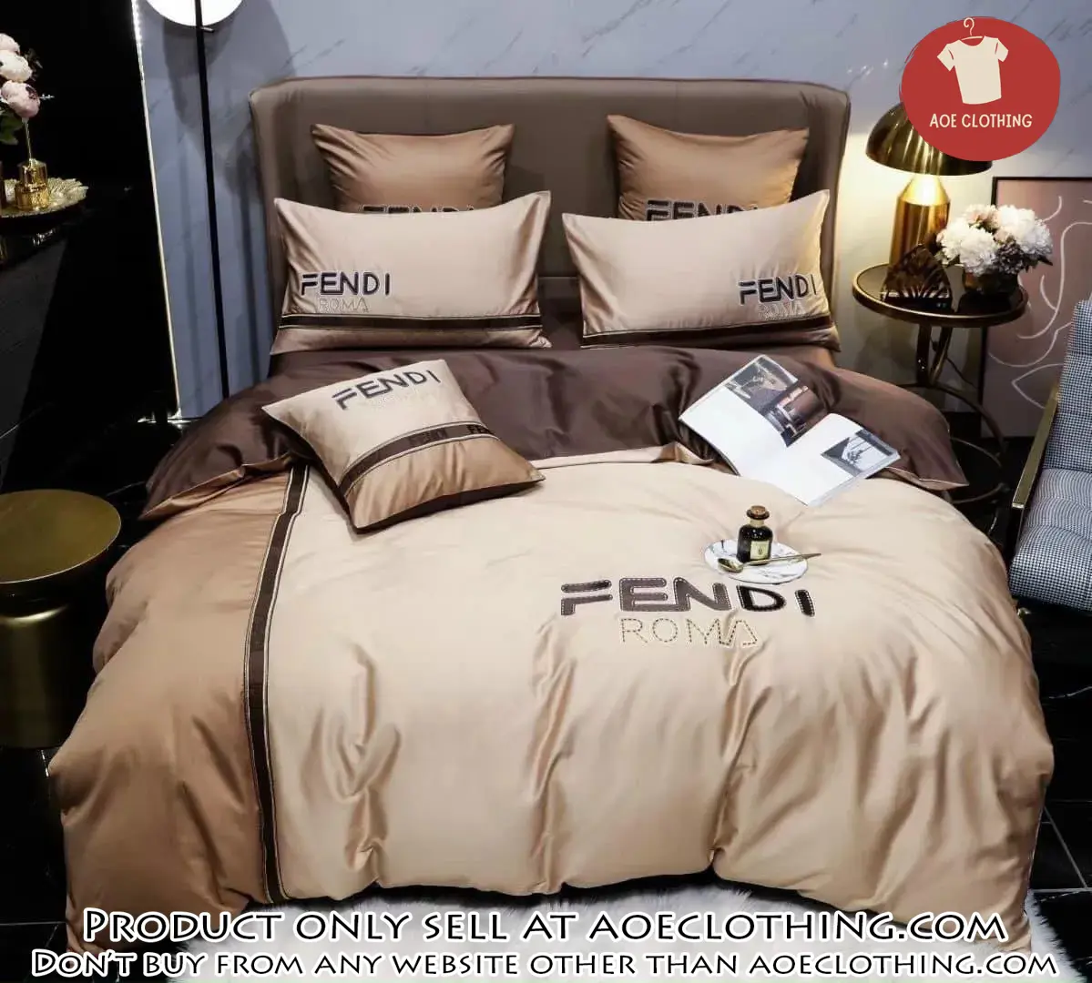 Fendi roma brown premium luxury brand bedding set duvet cover home decor special gift aoe0812978